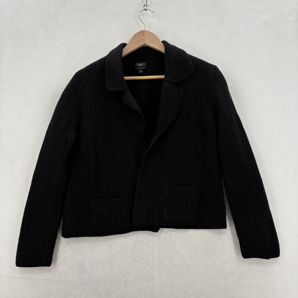 Talbots Cardigan Sweater Womens XL Black 100% Merino Wool Collared Knit Jacket